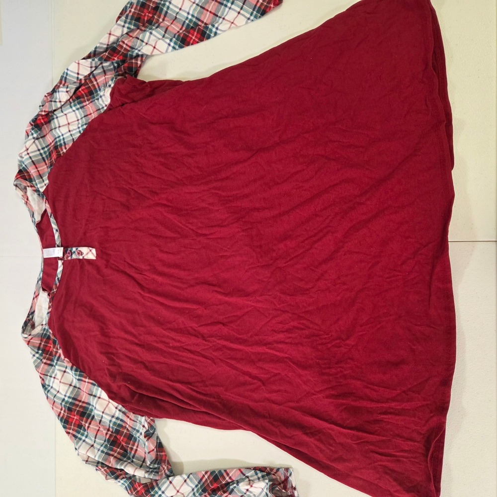 Sleep by Cacique Womens Plus 26/28 Red Plaid Raglan Henley Sleep Shirt Pajamas